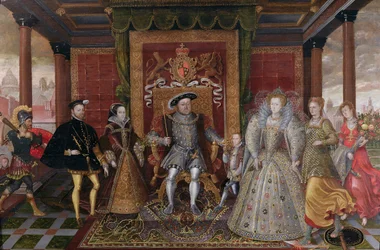 Een allegorie van de Tudoropvolging: de familie van Hendrik VIII, circa 1589-95