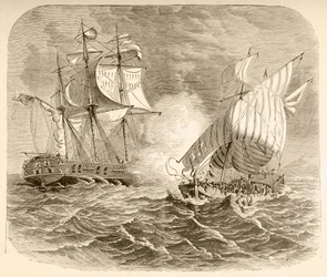 Een Amerikaans marineschip vangt een Algerijns piratenschip voor de kust van Barbarije tijdens de Eerste Barbarijse Oorlog