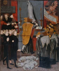 Een Anti-Katholieke Allegorie met Portretten van Stephen Gardiner, de Bisschop van Winchester en Bisschoppen Bonner en Tunstall als Wolven, en met de Lichamen van Hooper, Cranmer, Goodrich, Ridley Latimer en Rogers als Lammeren, c.1555