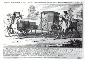 Een exacte weergave van Maclaine de struikrover die Lord Eglington berooft op Hounslow Heath op 26 juni 1750