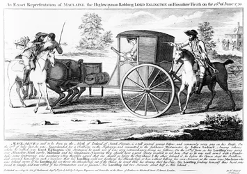 Een exacte weergave van Maclaine de Snelwegman die Lord Eglington berooft op Hounslow Heath op 26 juni 1750, prent gemaakt door Charles Mosley, 1750
