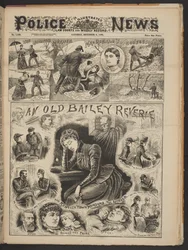 Een mijmering in de Old Bailey, uit The Illustrated Police News, zaterdag 6 december 1890 (krantenpapier)