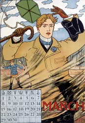 Een elegante man worstelt met de wind - Engelse kalenderafbeelding, maart, eind 19e eeuw