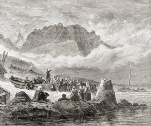Een openluchtdienst op het eiland Skye, Binnen-Hebriden, uit 