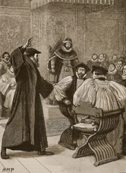 Andrew Melville voor de Schotse Privy Council, illustratie uit Cassells Geïllustreerde Geschiedenis van Engeland