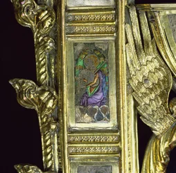 Engel die doedelzak speelt, detail van de kromstaf van William Wykeham (c.1320-1404) (verguld zilver en email)