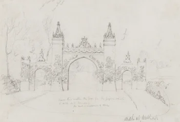 Boog in Wothorp, Cambridgeshire, opgericht om koningin Victoria en prins Albert te verwelkomen op weg naar Burghley House