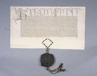 Archief 11980: Oorkonde die de schenking door koning Hendrik VI aan New College Oxford van de landgoederen van Newton Longville vastlegt, 1441 (inkt op perkament)