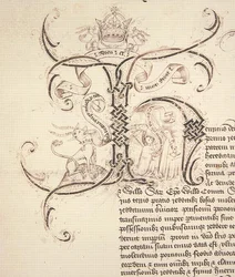Versierde initiaal H van koninklijk charter waarin de schenking door koning Hendrik VI aan New College Oxford van de landgoederen van Newton Longville wordt vastgelegd