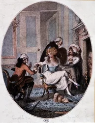 Aristocraat en priester in het gezelschap van prostituees - Engelse gravure