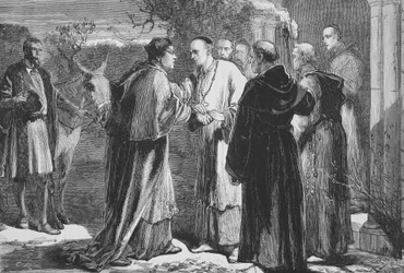 Aankomst van Wolsey bij de abdij van Leicester, illustratie uit De Geschiedenis van het Protestantisme door James Aitken Wylie, 1878