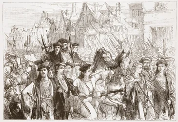 Aankomst van de Wittenbergse theologen in Leipzig, illustratie uit The History of Protestantism door James Aitken Wylie (1808-1890), gepubliceerd 1878