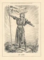 Eindelijk, illustratie van vrouwelijke krijger die het vrouwenkiesrecht viert, Punch, 23 januari