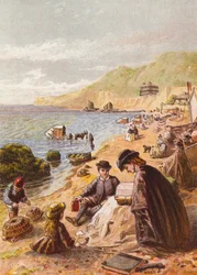 Aan het strand (kleurenlitho)