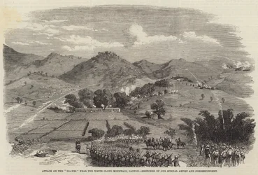 Aanval op de "Braves" nabij de Witte Wolk Berg, Canton (gravure)