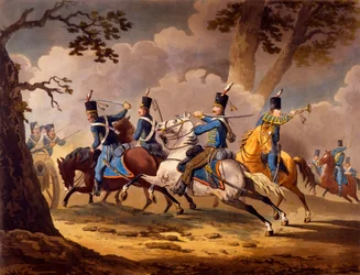 Oostenrijkse infanterie verdedigt hun artillerie tegen Pruisische huzaren, uit de serie Cavalerieacties van de bondgenoten tijdens de Napoleontische campagnes gepubliceerd 1799-1802