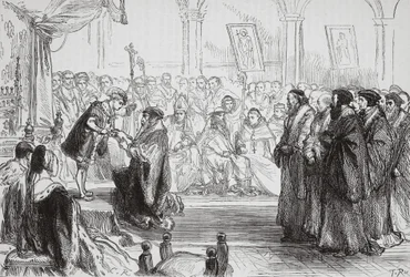 Beza presenteert de belijdenis van de Franse protestantse kerk aan de koning op de Colloquium van Poissy, illustratie uit De Geschiedenis van het Protestantisme door James Aitken Wylie, gepubliceerd in 1878