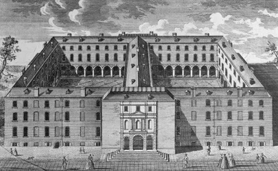 Vogelperspectief van Guys Hospital, Southwark, met figuren op de voorgrond, c.1780