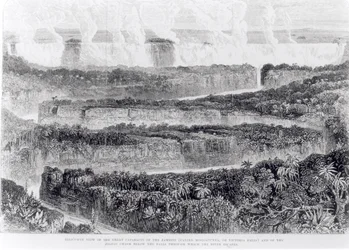 Vogelvlucht van de Grote Cataracten van de Zambesi (Victoria Falls) uit Verhaal van een Tentoonstelling naar de Zambesi en zijn Zijrivieren, gepubliceerd 1865