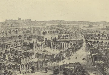 Vogelperspectief van Eton en Windsor (gravure)