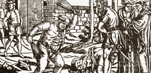 Bisschop Bonner slaat zijn gevangene, John Willes, in de boomgaard van zijn paleis in Fulham