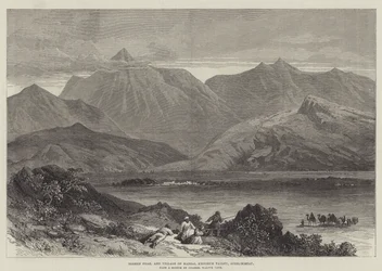 Bodeen Peak en het dorp Madzai, Khoorum-vallei, Afghanistan (gravure)