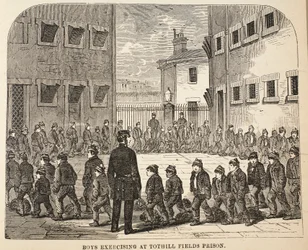 Jongens aan het oefenen in Tothill Fields Prison, illustratie uit The Criminal Prisons of London and Scenes from Prison Life door Henry Mayhew en John Binny, uitgegeven in 1862