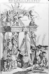 Britannia in nood onder een wankel gebouw met een zware last, circa 1756