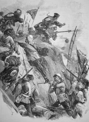 Britse troepen bestormen de forten van Taku in China in 1860 tijdens de Opiumoorlogen
