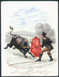 Stier die op een rode paraplu afstormt