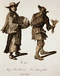 Koop een nieuwe almanak! Fijne schrijfin inkt!, illustratie van straatverkopers rond 1675