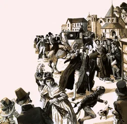 Byron veroorzaakte nogal wat opschudding met zijn huisbeer in de straten van Cambridge (gouache op papier)