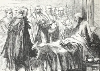 Calvijn spreekt de Raad voor de laatste keer toe, illustratie uit De Geschiedenis van het Protestantisme door James Aitken Wylie, gepubliceerd in 1878