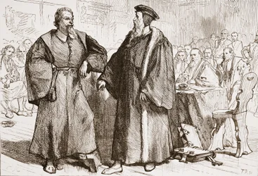 Calvijn en Servet voor de Raad van Genève, illustratie uit De Geschiedenis van het Protestantisme door James Aitken Wylie, gepubliceerd in 1878