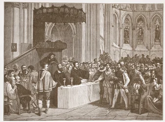 Calvijn weigert het Avondmaal aan de Libertijnen in de Sint-Pieterskathedraal, Genève, illustratie uit De Geschiedenis van het Protestantisme door James Aitken Wylie, gepubliceerd in 1878