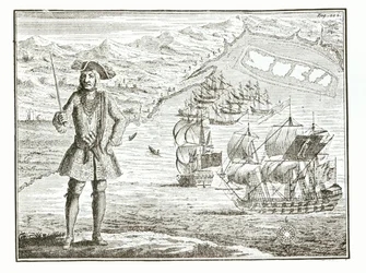 Kapitein Bartholomew Roberts met twee schepen, de Royal Fortune en Ranger zeilen in Whydah Road aan de kust van Guinee, 11 januari 172? uit A General History of the Robberies and Murders of the most Notorious Pyrates
