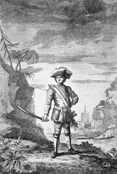 Kapitein Bartholomew Roberts, gegraveerd door James Basire