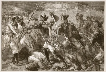 Kapitein Yorke leidt de wanhopige aanval bij Masulipatam, illustratie uit Cassells Geïllustreerde Geschiedenis van India door James Grant, uitgegeven 1879