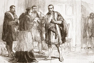 Kardinaal de Tournon leest het protestantse plakkaat voor aan Frans I, illustratie uit De Geschiedenis van het Protestantisme door James Aitken Wylie, gepubliceerd in 1878