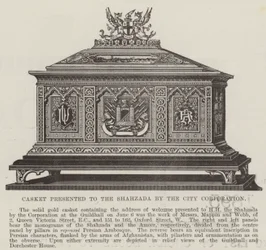 Kist aangeboden aan de Shahzada door de stadsraad (gravure)