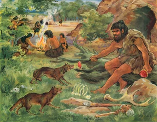 Holbewoner sluit vriendschap met een jonge wolf (kleurenlitho)