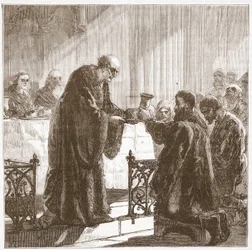 Viering van het Avondmaal in protestantse vorm door de Zürchers, illustratie uit De Geschiedenis van het Protestantisme door James Aitken Wylie, 1878
