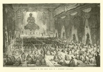 Ceremonie in de Grote Zaal van een Boeddhistische Lamassery