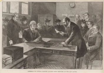 Ceremonie van het snijden van takkenbossen (oude huurdiensten) bij de Rechtbanken