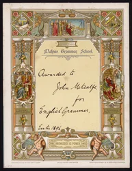 Certificaat voor Engelse grammatica toegekend aan een leerling van Malpas Grammar School, Cheshire