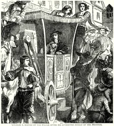 Charles I getoeterd door de Pepole na zijn poging tot arrestatie van de leden (gravure)