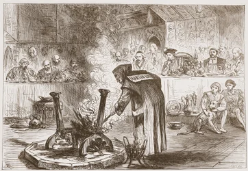 Karel ziet het spel van de maskers, illustratie uit De Geschiedenis van het Protestantisme door James Aitken Wylie, 1878