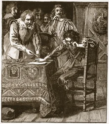 Charles ondertekent de Commissie van Instemming met Straffords Attainder, illustratie uit Cassells Geïllustreerde Geschiedenis van Engeland