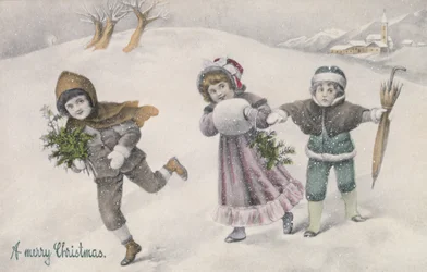 Kinderen in de sneeuw, Victoriaanse ansichtkaart (print)