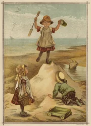 Kinderen spelen koning van het kasteel aan zee